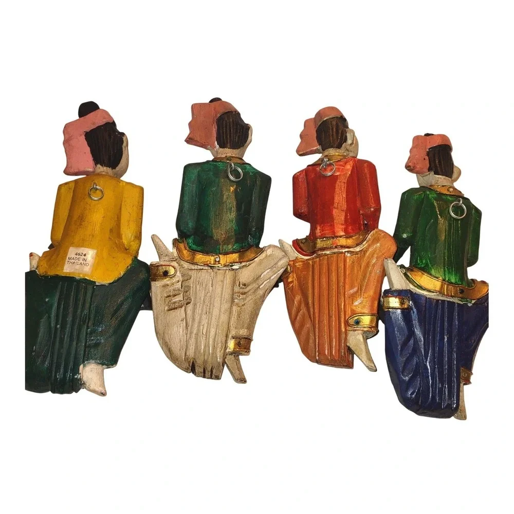 Vintage Hard Covered Wooden Musicians Wall Hanger Figurine Set of 4 Thailand 10